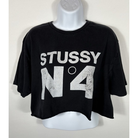 Stussy Women's T Shirt N04 Large Cropped Cut-Off Short Sleeve Black Graphic -708 - Picture 1 of 9